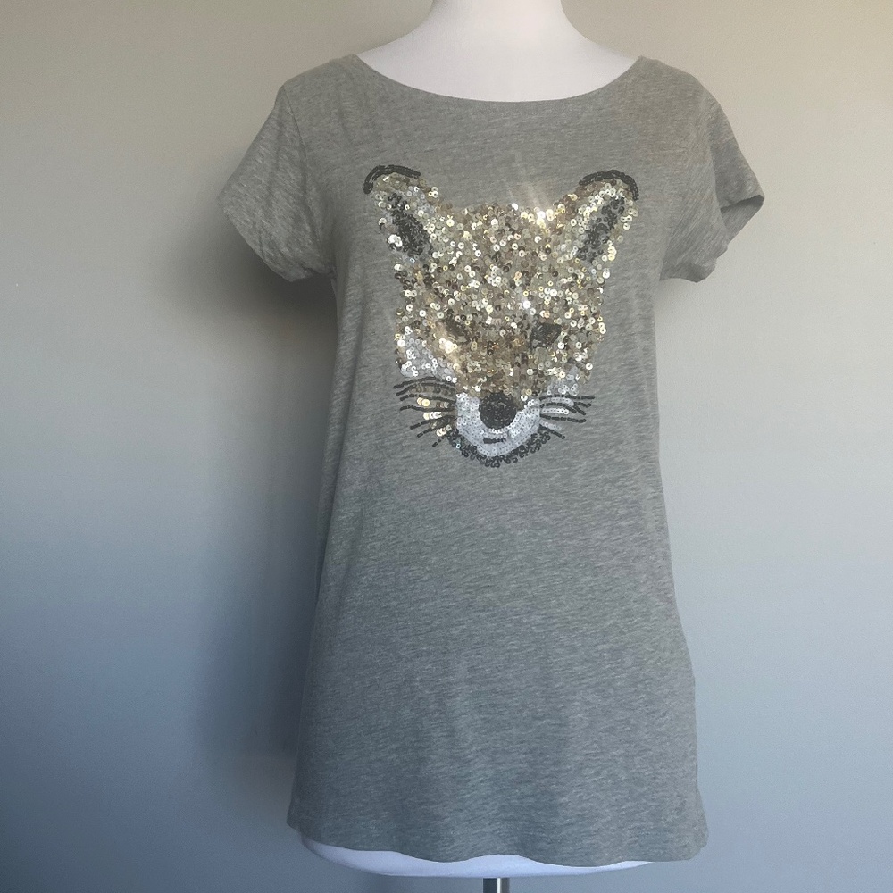 French Connection Embellished Sequin Beaded Gray Fox Cotton T-shirt Tee Top S